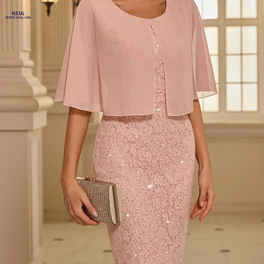 Women's Elegant Chiffon Lace Sequin Dress - A-Line Puff Sleeve   OAXG Pink Color / S