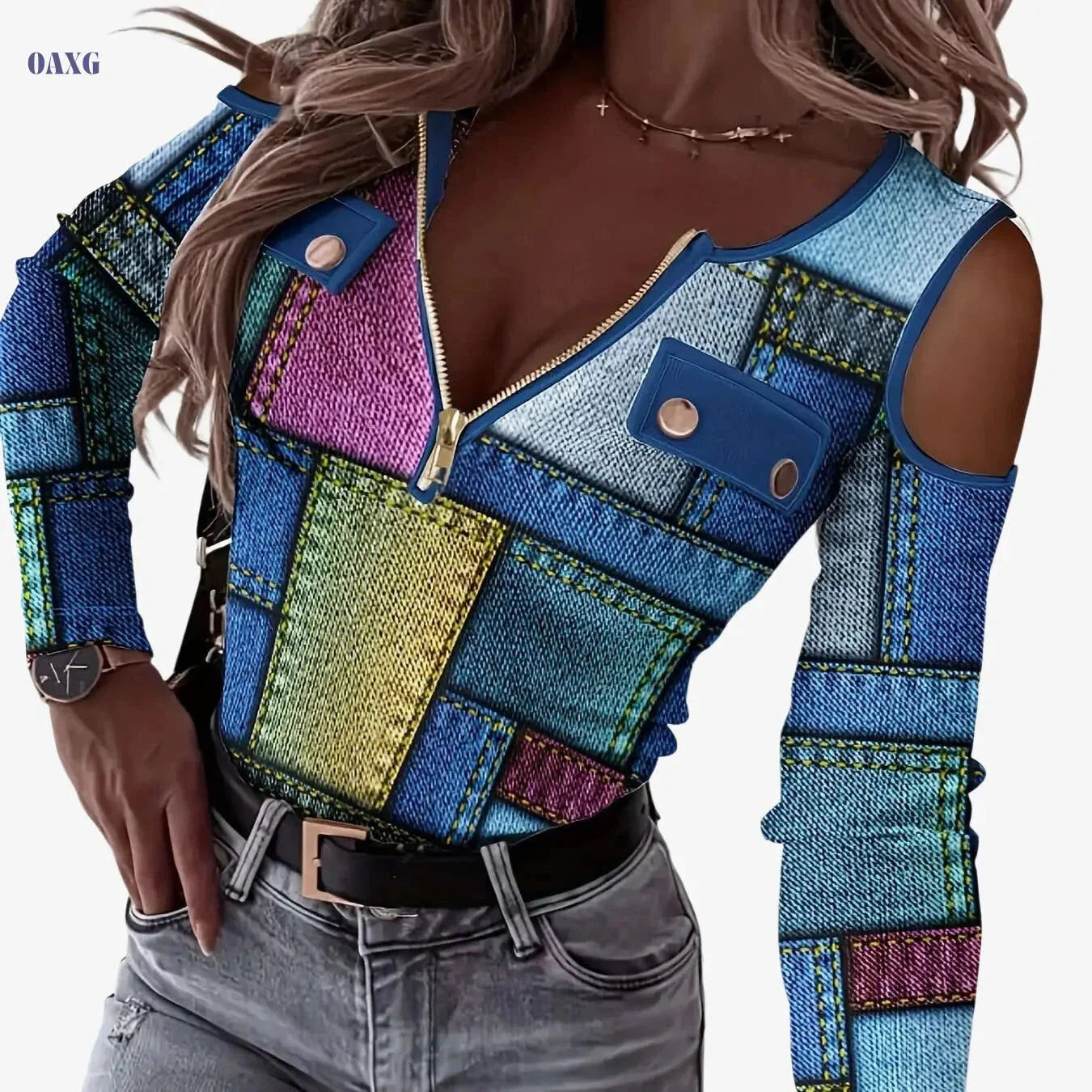 Women's Elegant Color Block Sequin T-Shirt - Stretchy Round Neck Top   OAXG 
