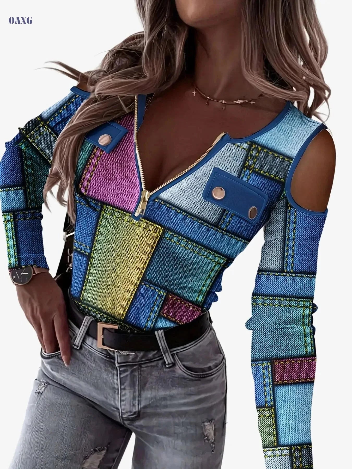 Women's Elegant Color Block Sequin T-Shirt - Stretchy Round Neck Top   OAXG 【Multicolor】 / S