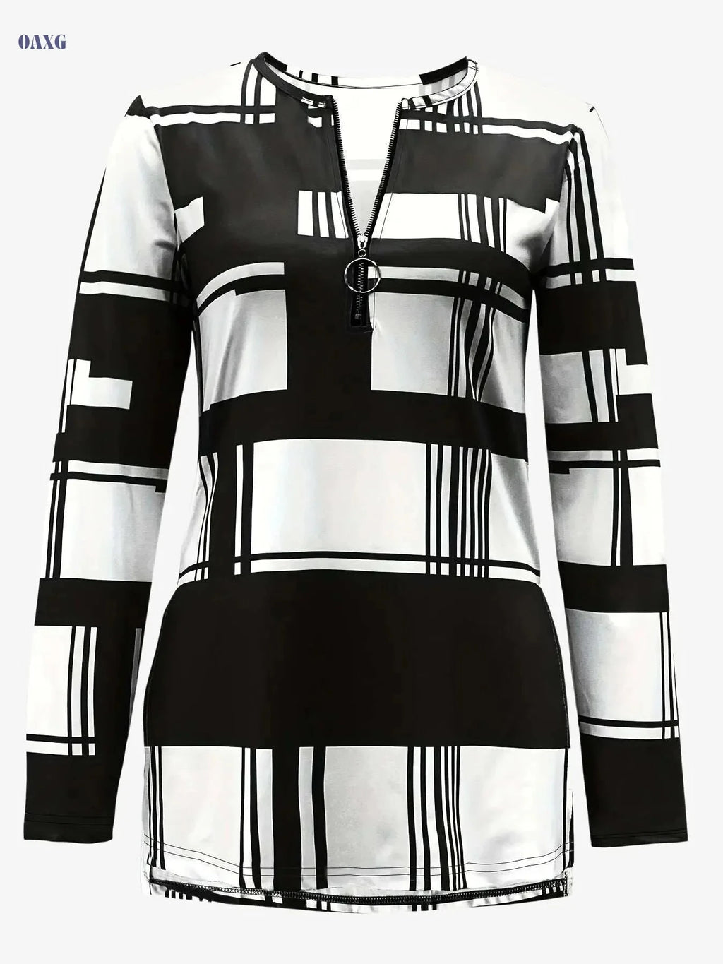 Women's Elegant Color Block T-Shirt - Asymmetrical Hem & Zipper Detail   OAXG Black / S
