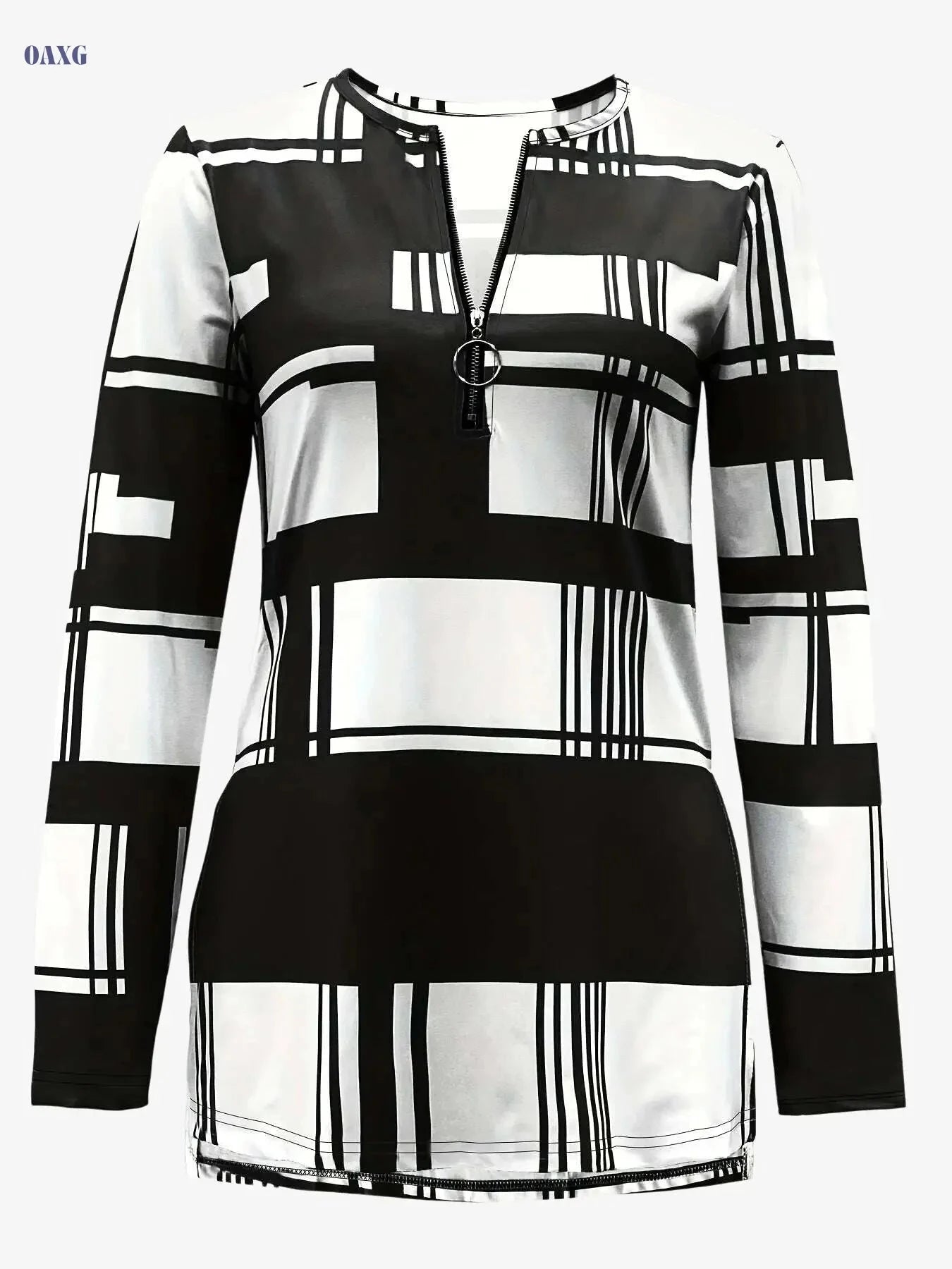 Women's Elegant Color Block T-Shirt - Asymmetrical Hem & Zipper Detail   OAXG Black / S