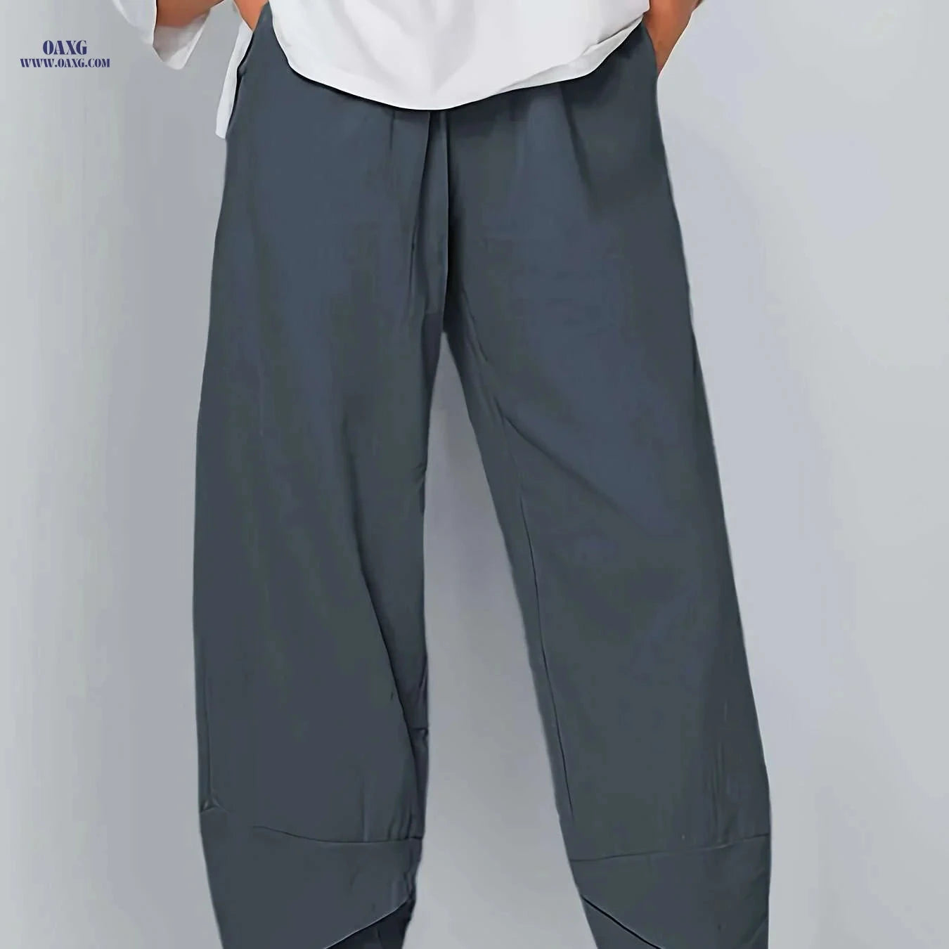 Women's Elegant Cropped Pants - Light Grey, Elastic Waist, Asymmetrical Pockets   OAXG 