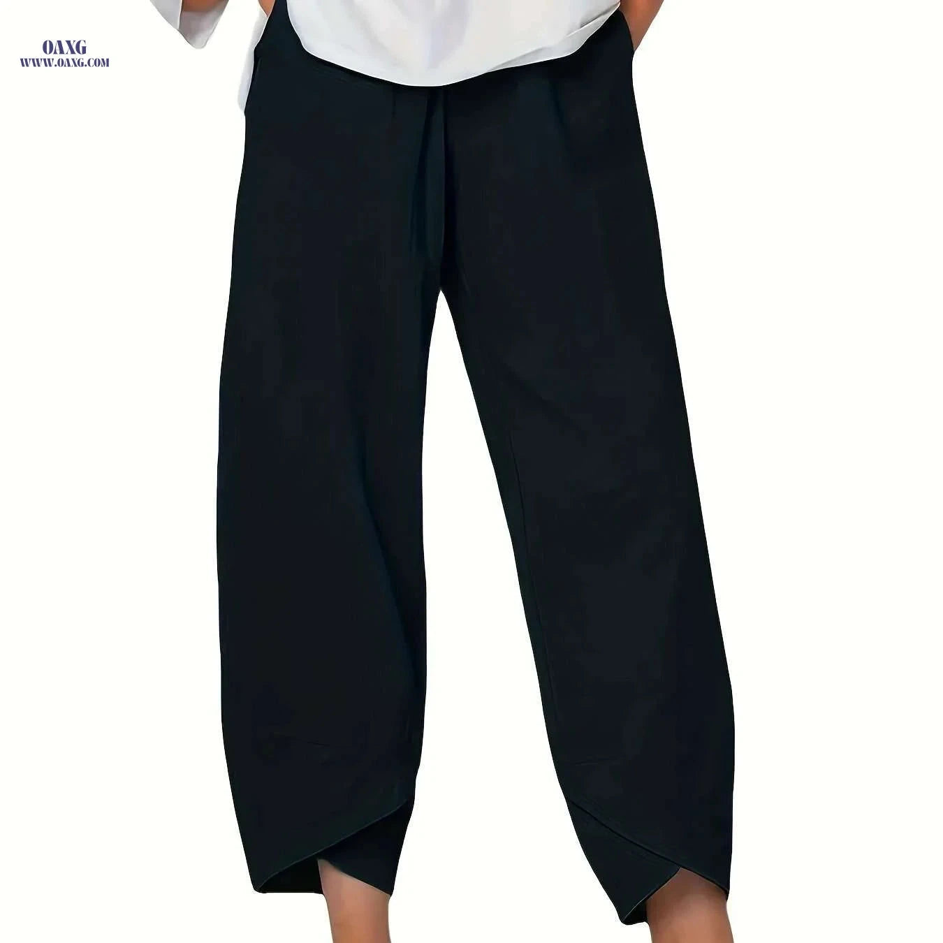 Women's Elegant Cropped Pants - Light Grey, Elastic Waist, Asymmetrical Pockets   OAXG Black / S