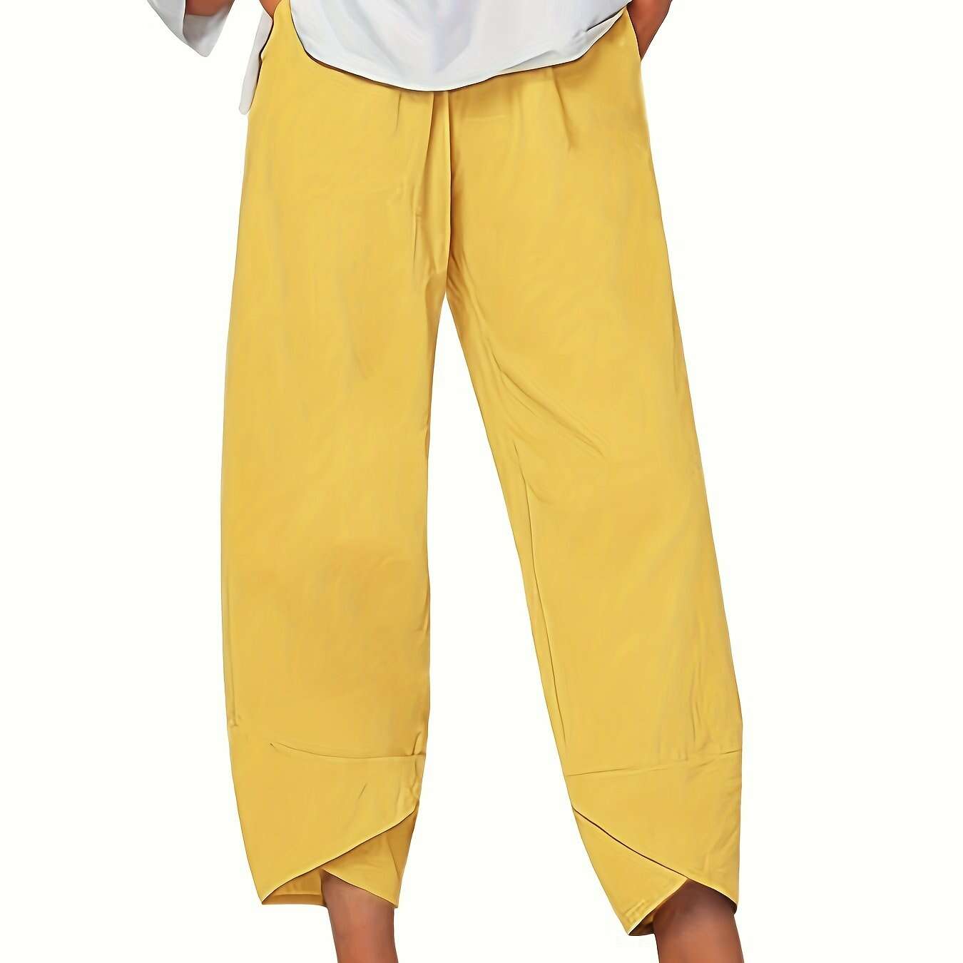 Women's Elegant Cropped Pants - Light Grey, Elastic Waist, Asymmetrical Pockets   OAXG Black / S