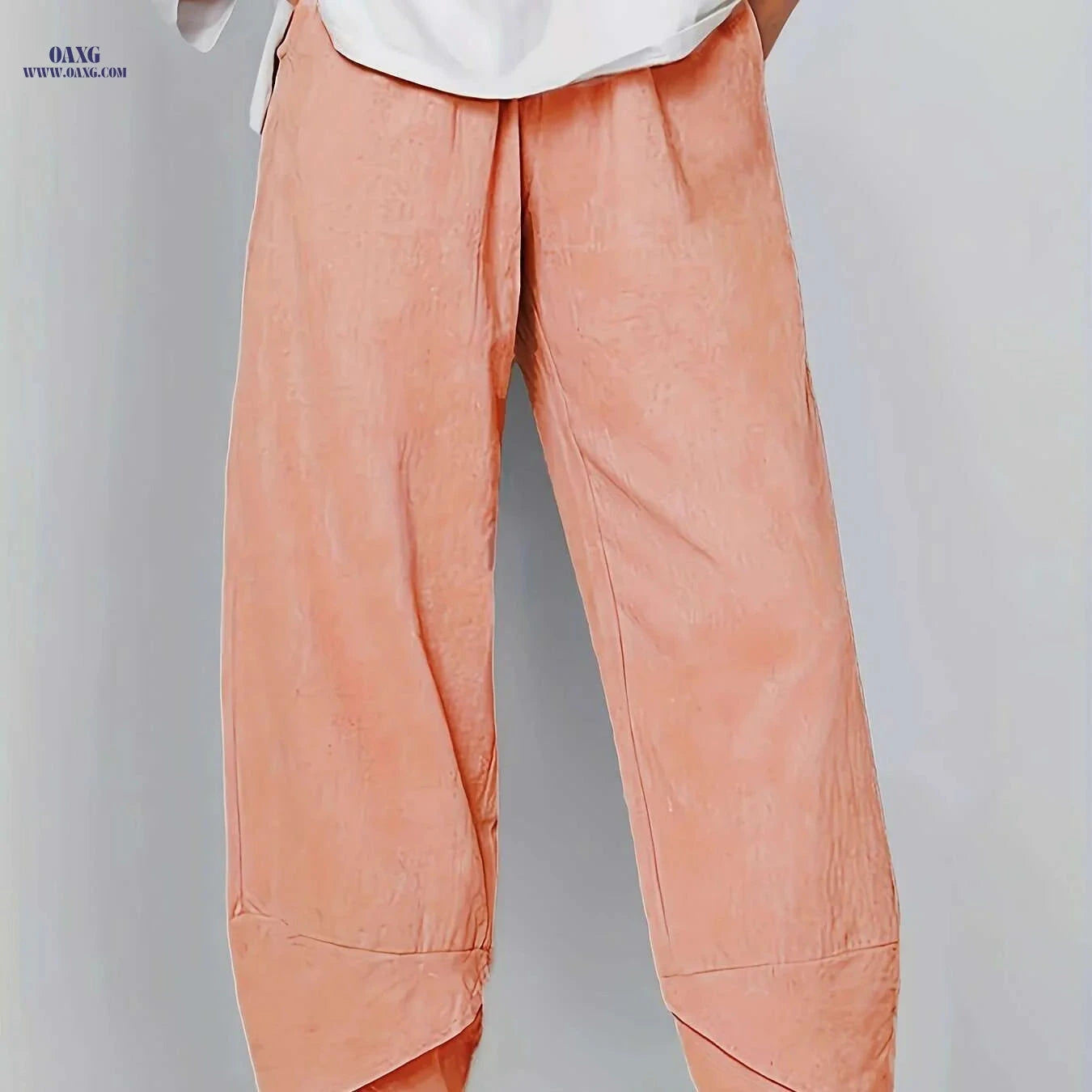 Women's Elegant Cropped Pants - Light Grey, Elastic Waist, Asymmetrical Pockets   OAXG 