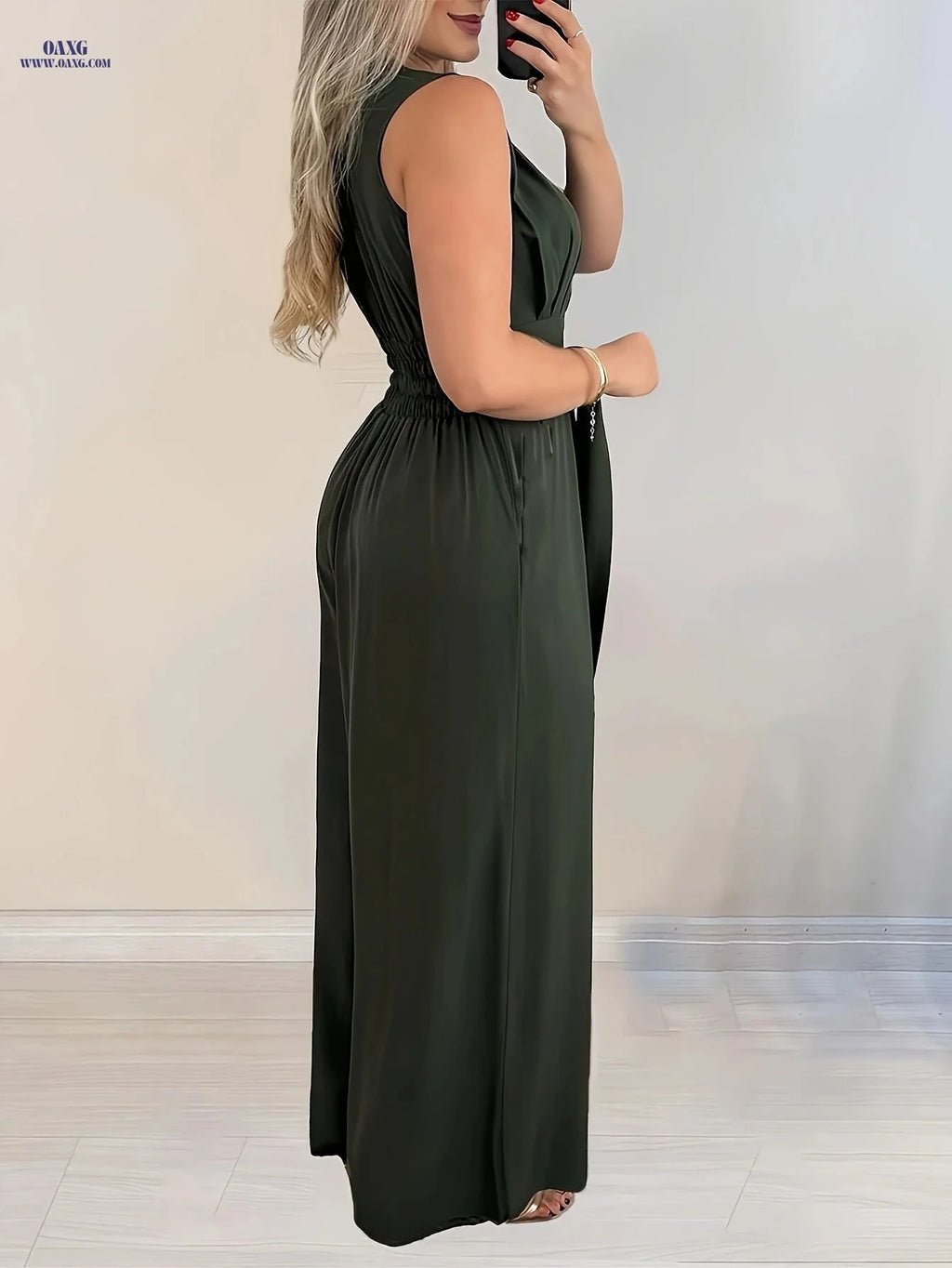 Women's Elegant Deep V-Neck Jumpsuit - Adjustable Tie Waist & Sleeveless   OAXG 