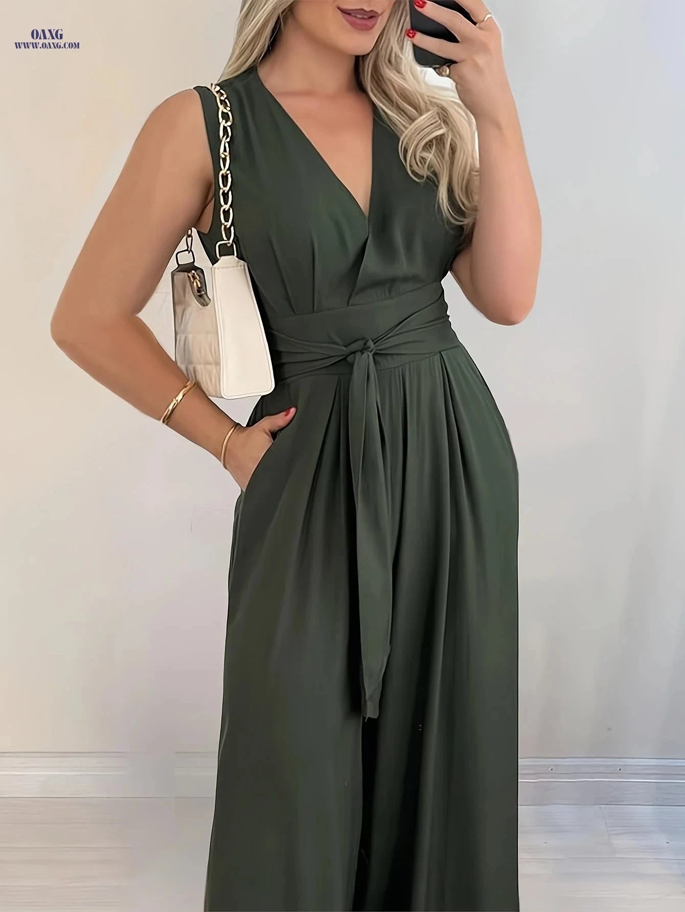 Women's Elegant Deep V-Neck Jumpsuit - Adjustable Tie Waist & Sleeveless   OAXG Army Green / S