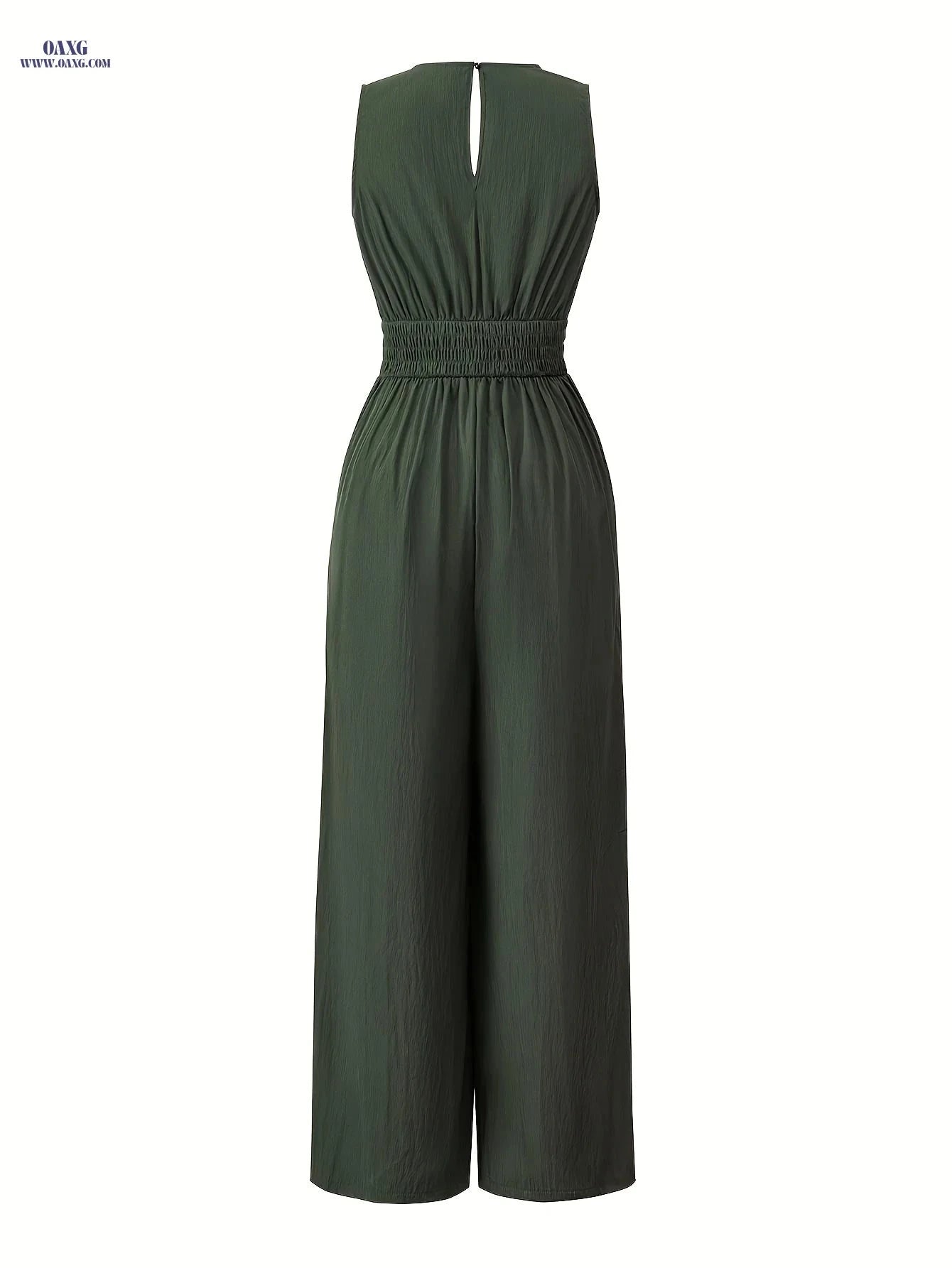 Women's Elegant Deep V-Neck Jumpsuit - Adjustable Tie Waist & Sleeveless   OAXG Army Green / S