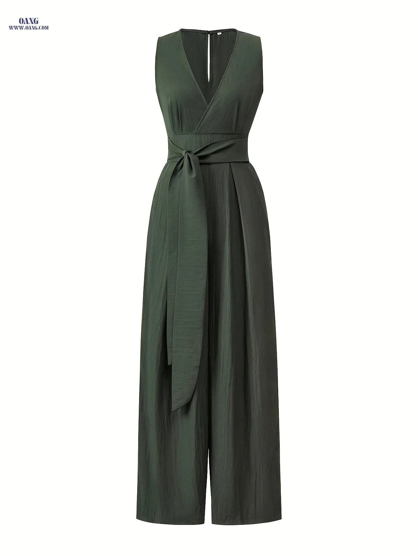 Women's Elegant Deep V-Neck Jumpsuit - Adjustable Tie Waist & Sleeveless   OAXG Army Green / S