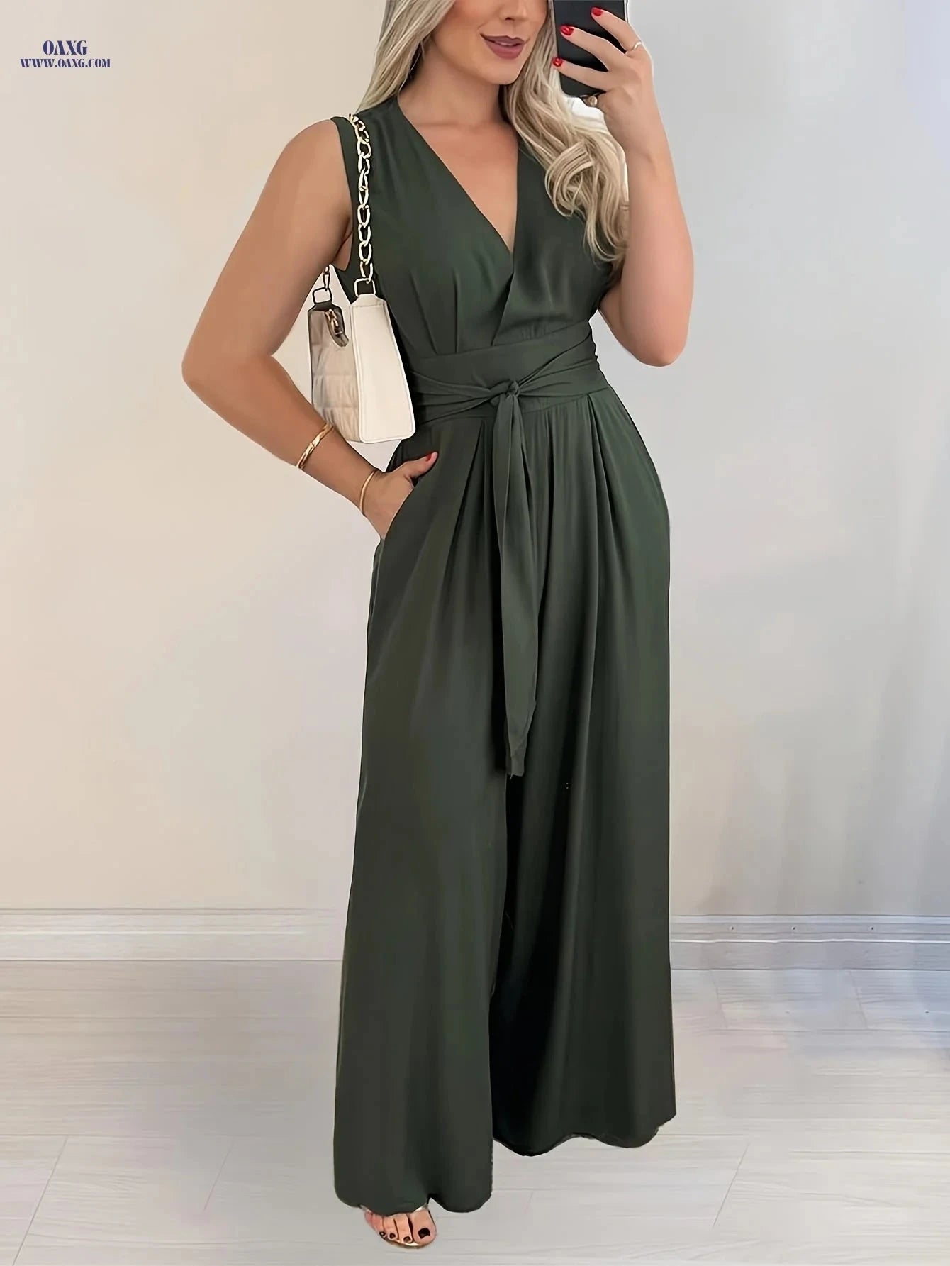 Women's Elegant Deep V-Neck Jumpsuit - Adjustable Tie Waist & Sleeveless   OAXG 