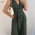 Women's Elegant Deep V-Neck Jumpsuit - Adjustable Tie Waist & Sleeveless   OAXG 