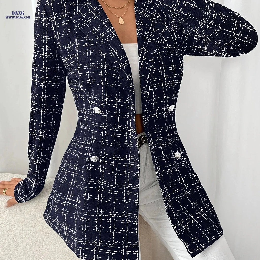 Women’s Elegant Double-Breasted Long Sleeve Suit Jacket - Plaid Design   OAXG 