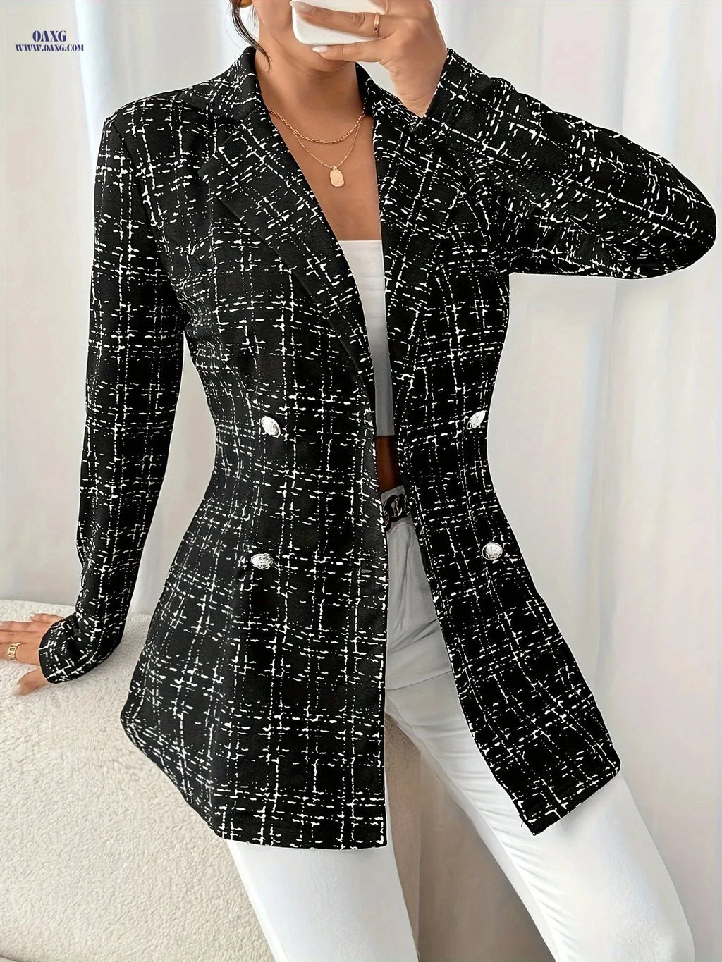 Women’s Elegant Double-Breasted Long Sleeve Suit Jacket - Plaid Design   OAXG Navy Color / L