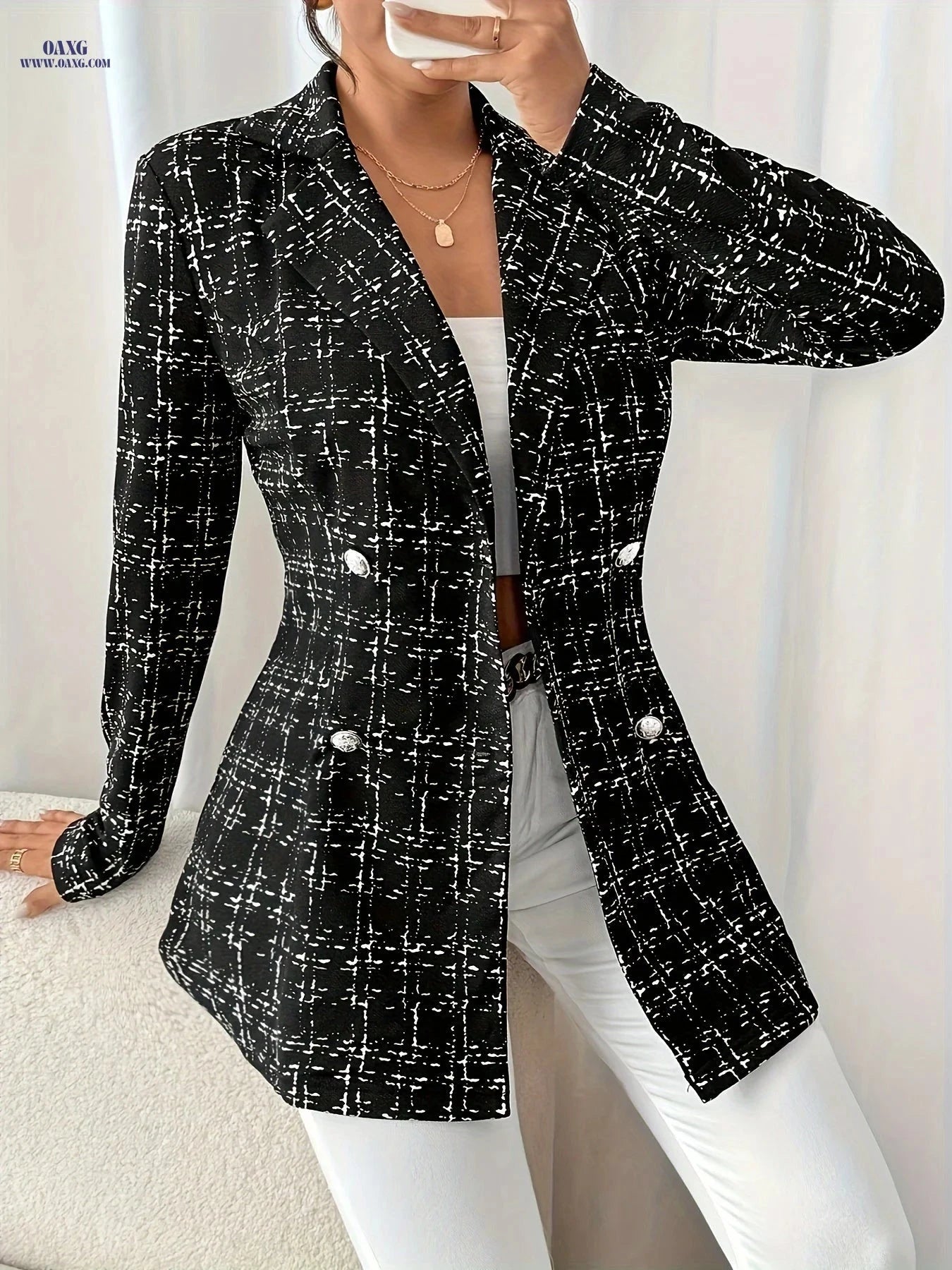 Women’s Elegant Double-Breasted Long Sleeve Suit Jacket - Plaid Design   OAXG Navy Color / L