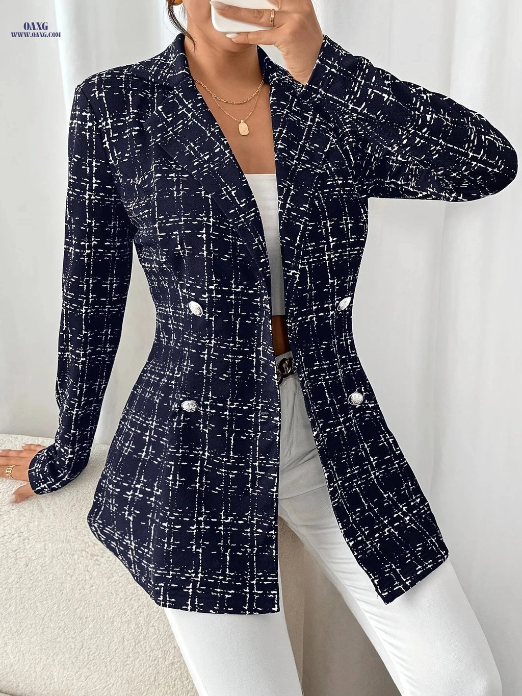 Women’s Elegant Double-Breasted Long Sleeve Suit Jacket - Plaid Design   OAXG Navy Color / L