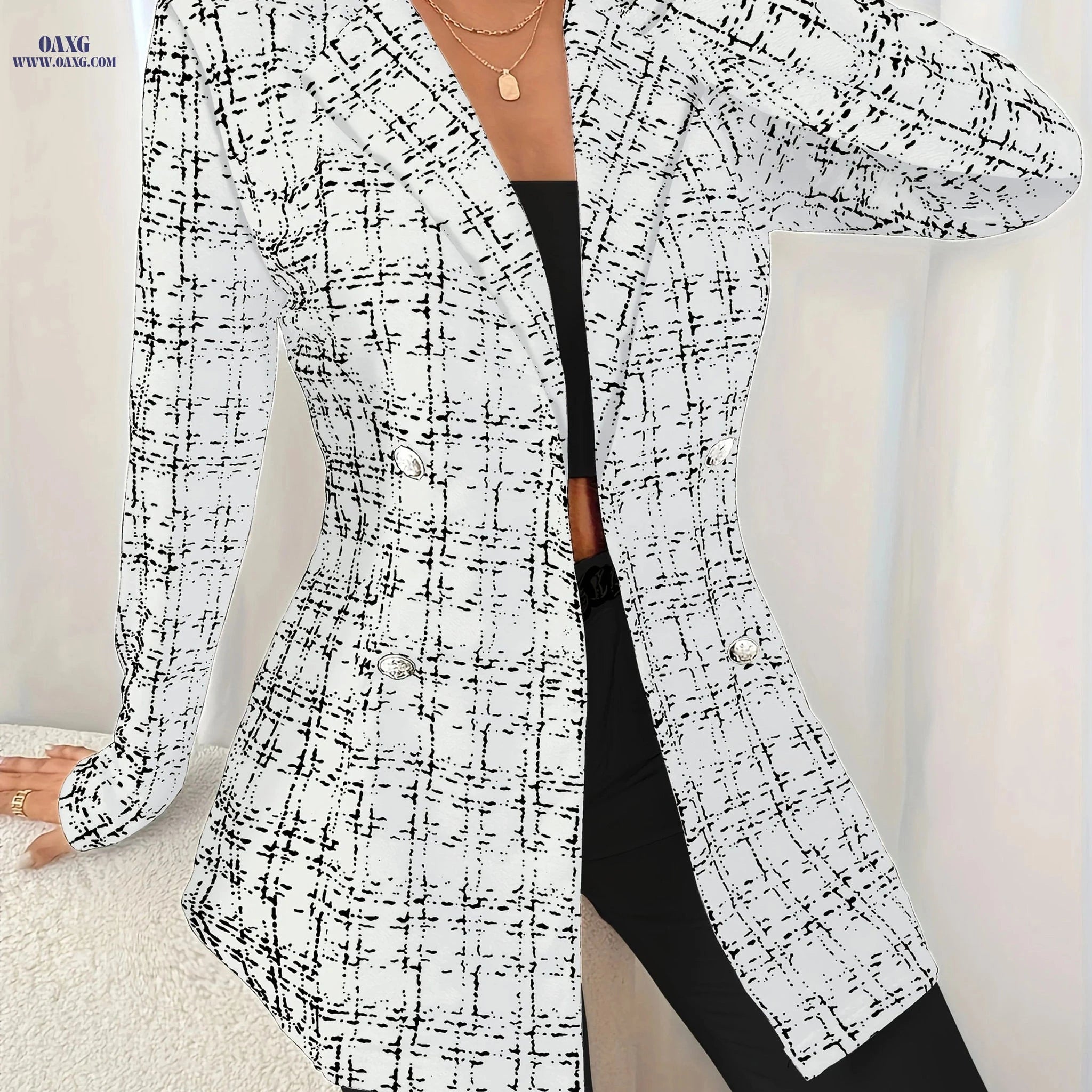 Women’s Elegant Double-Breasted Long Sleeve Suit Jacket - Plaid Design   OAXG Navy Color / L