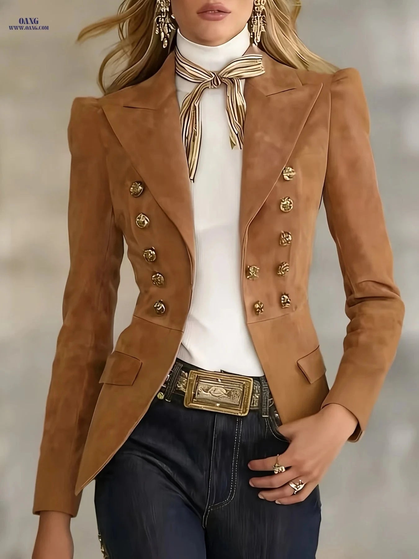 Women's Elegant Faux Suede Blazer - Multi-Button Double Breasted   OAXG 