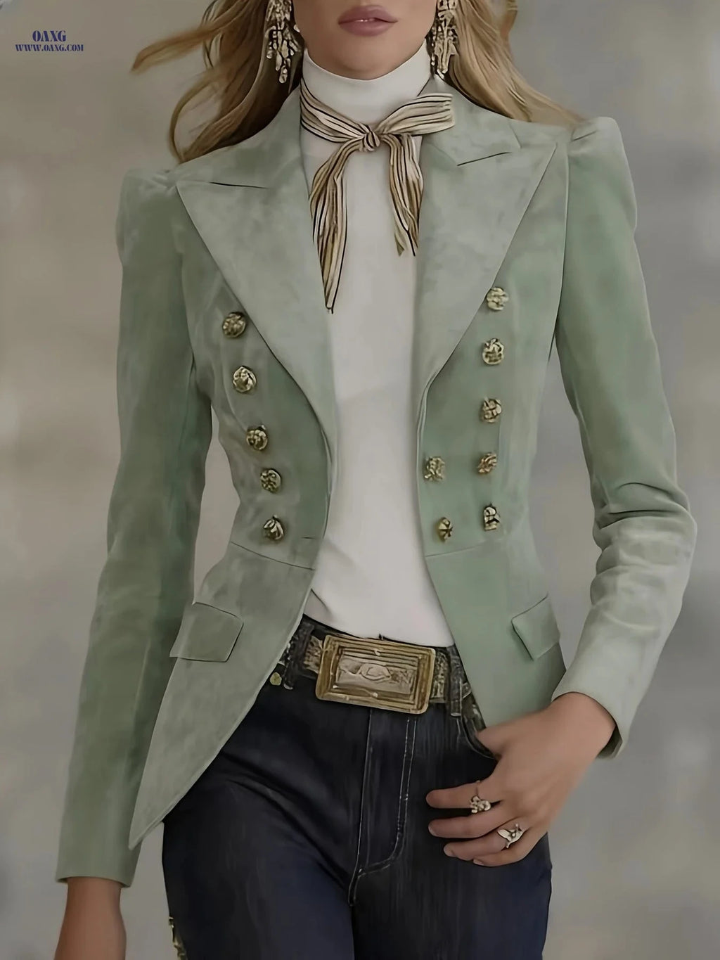 Women's Elegant Faux Suede Blazer - Multi-Button Double Breasted   OAXG 
