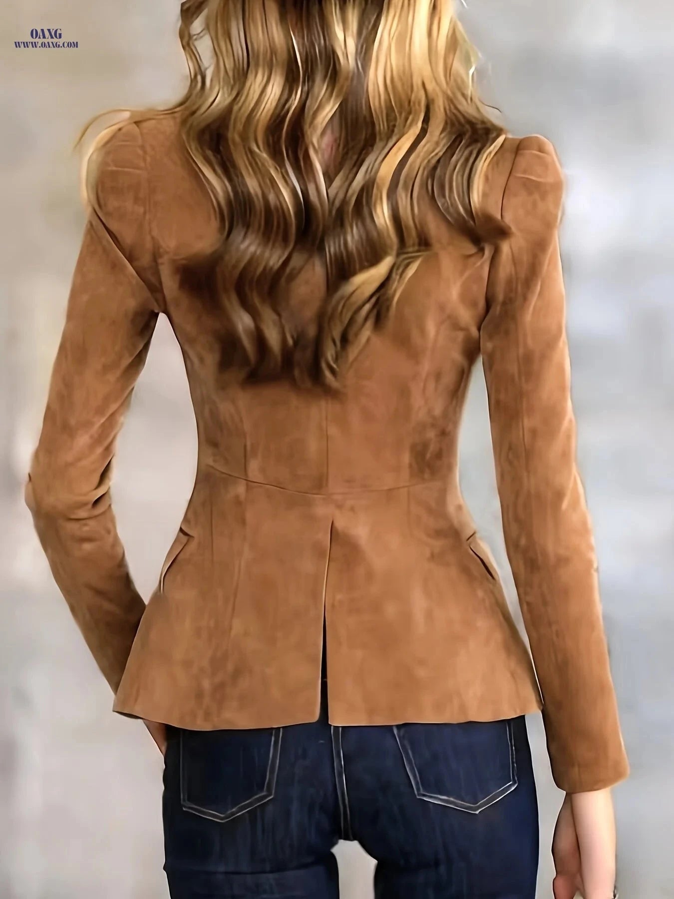 Women's Elegant Faux Suede Blazer - Multi-Button Double Breasted   OAXG Pink / S