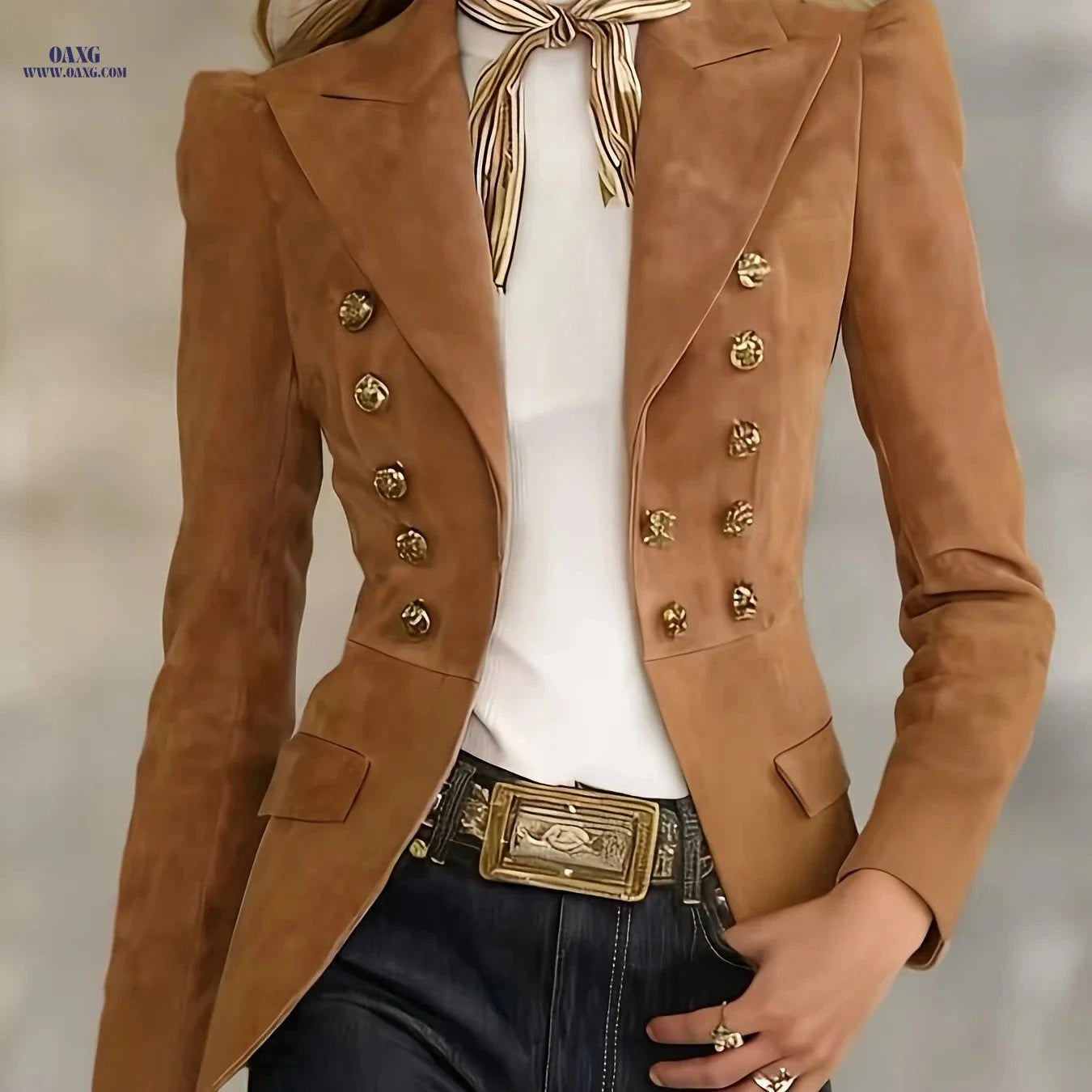 Women's Elegant Faux Suede Blazer - Multi-Button Double Breasted   OAXG Pink / S