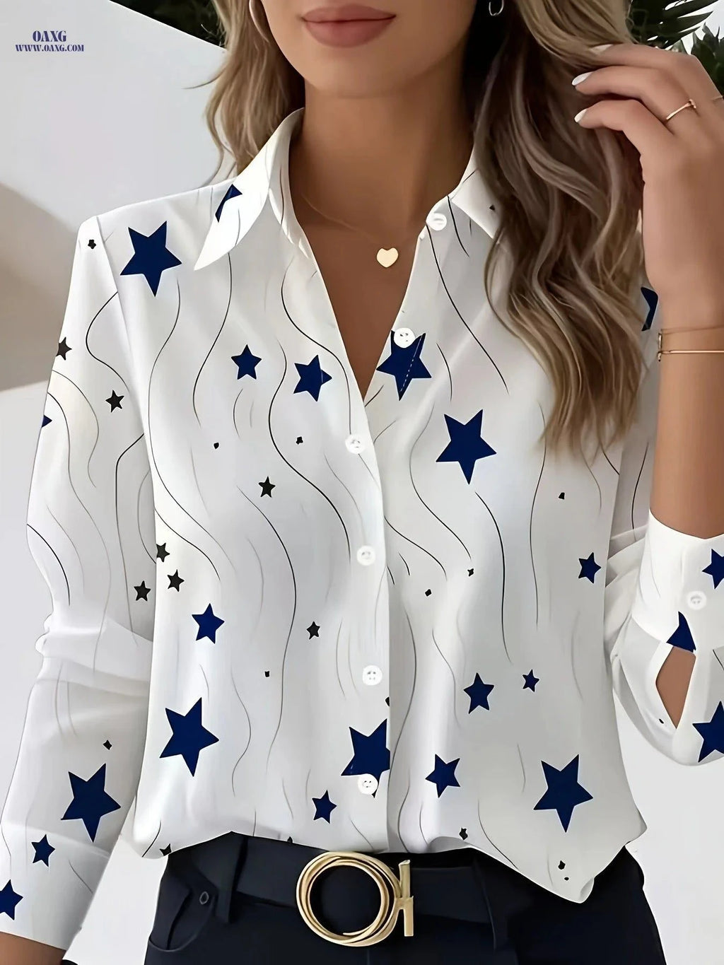 Women's Elegant Five-Pointed Star Print Blouse - Long Sleeve Top   OAXG Multicolor / S
