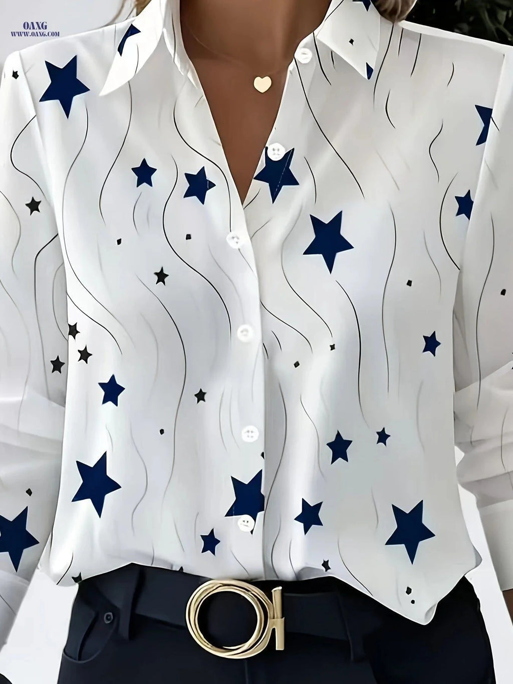 Women's Elegant Five-Pointed Star Print Blouse - Long Sleeve Top   OAXG Multicolor / S