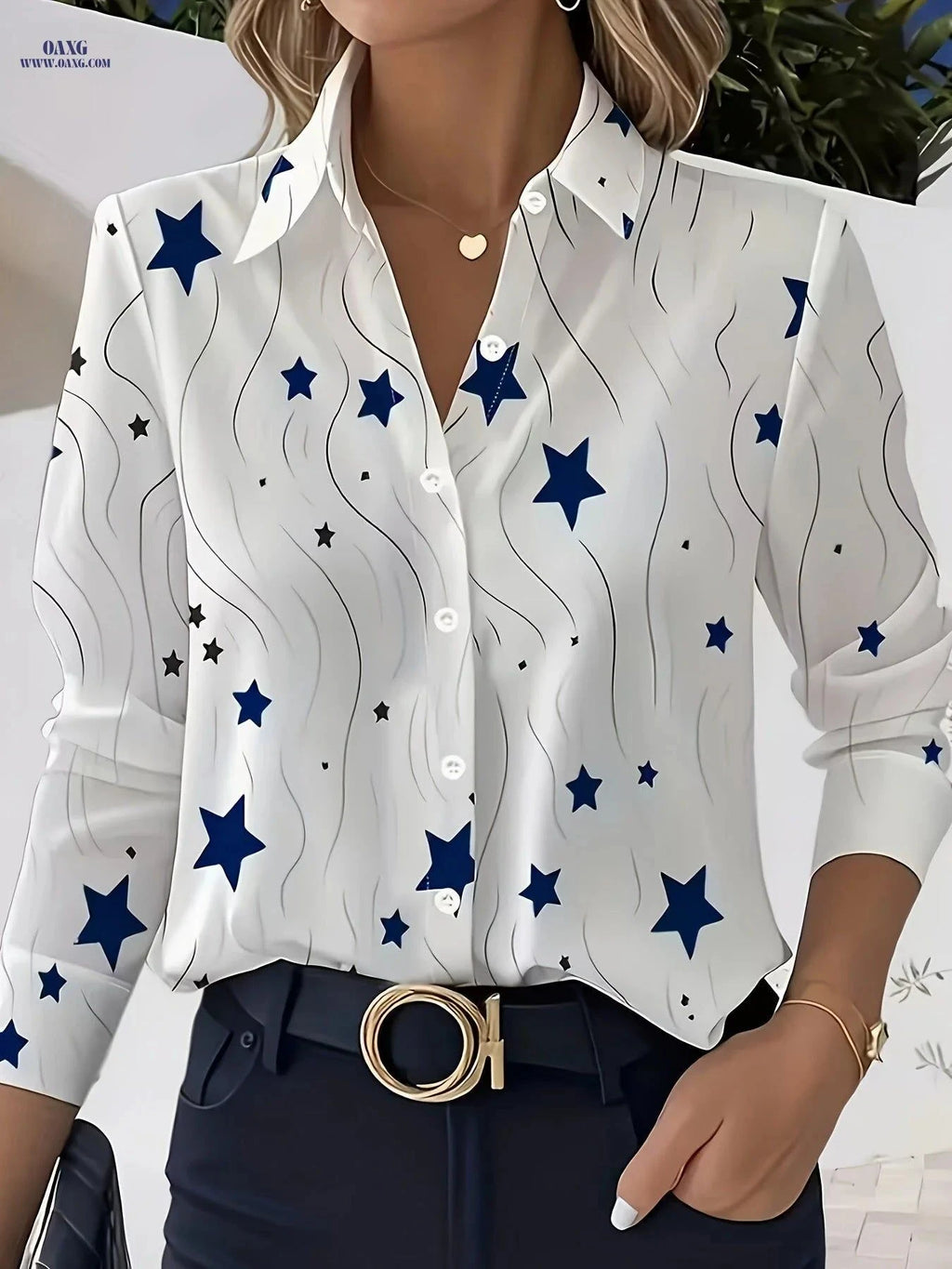 Women's Elegant Five-Pointed Star Print Blouse - Long Sleeve Top   OAXG Multicolor / S