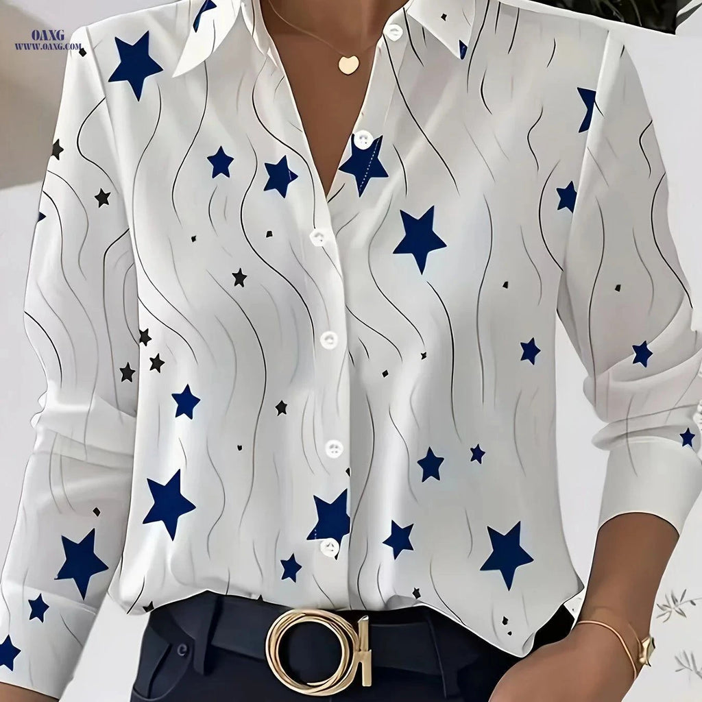 Women's Elegant Five-Pointed Star Print Blouse - Long Sleeve Top   OAXG Multicolor / S