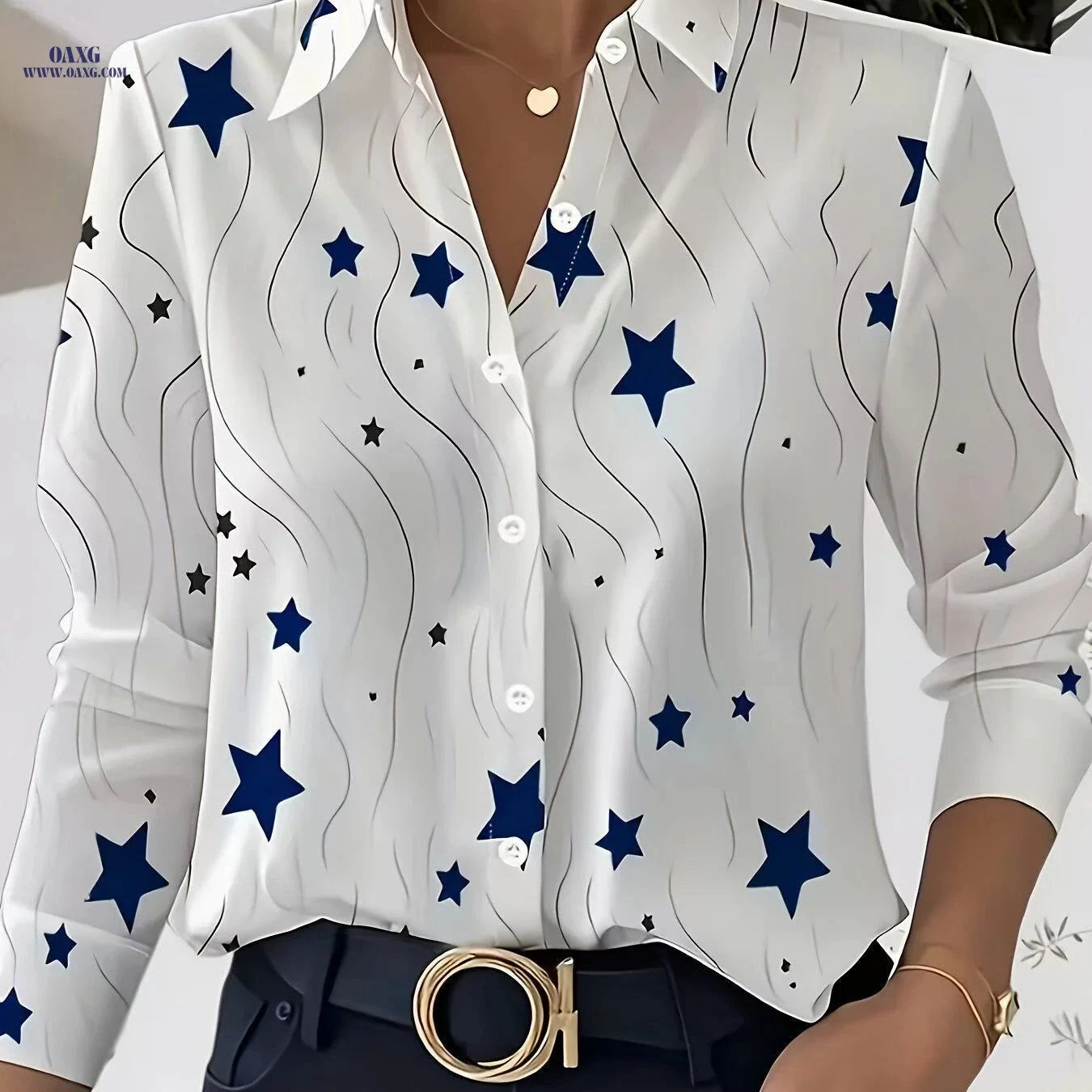 Women's Elegant Five-Pointed Star Print Blouse - Long Sleeve Top   OAXG Multicolor / S
