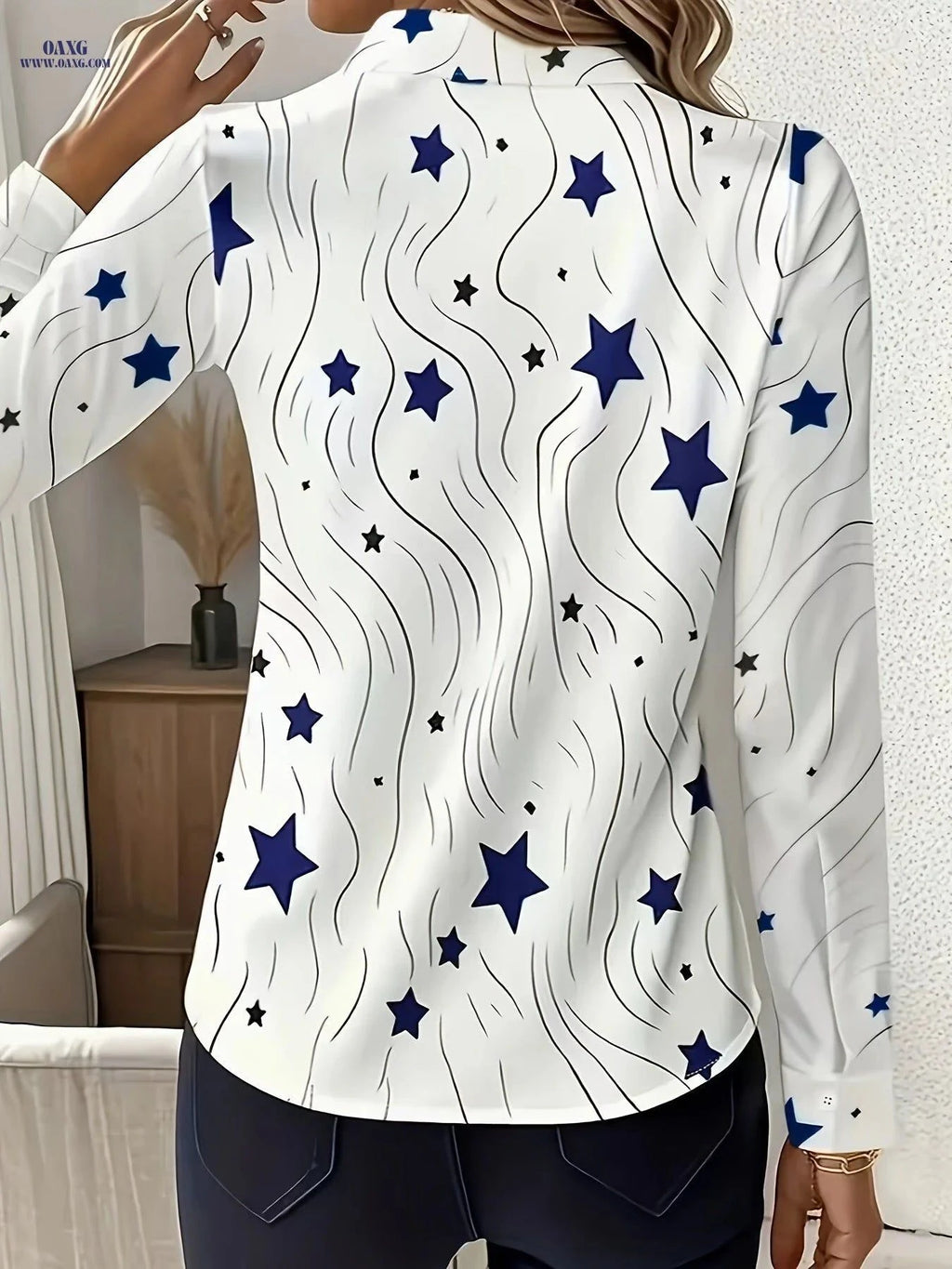 Women's Elegant Five-Pointed Star Print Blouse - Long Sleeve Top   OAXG Multicolor / S