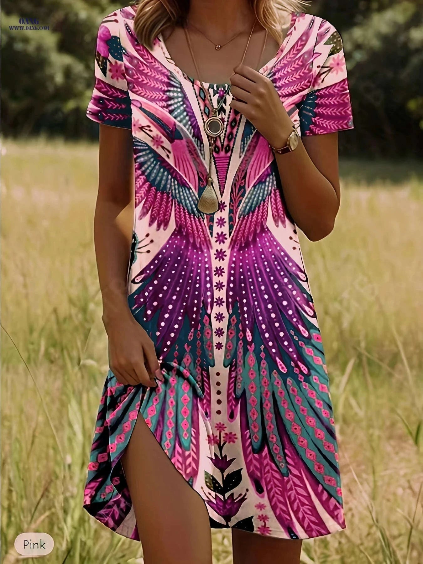 Women's Elegant Floral A-Line Dress - Machine Washable, Knee-Length   OAXG Tangerine / S