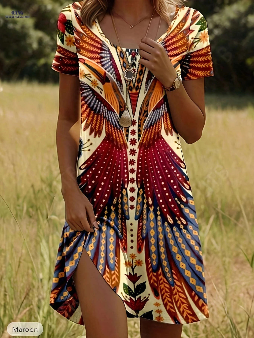 Women's Elegant Floral A-Line Dress - Machine Washable, Knee-Length   OAXG Tangerine / S
