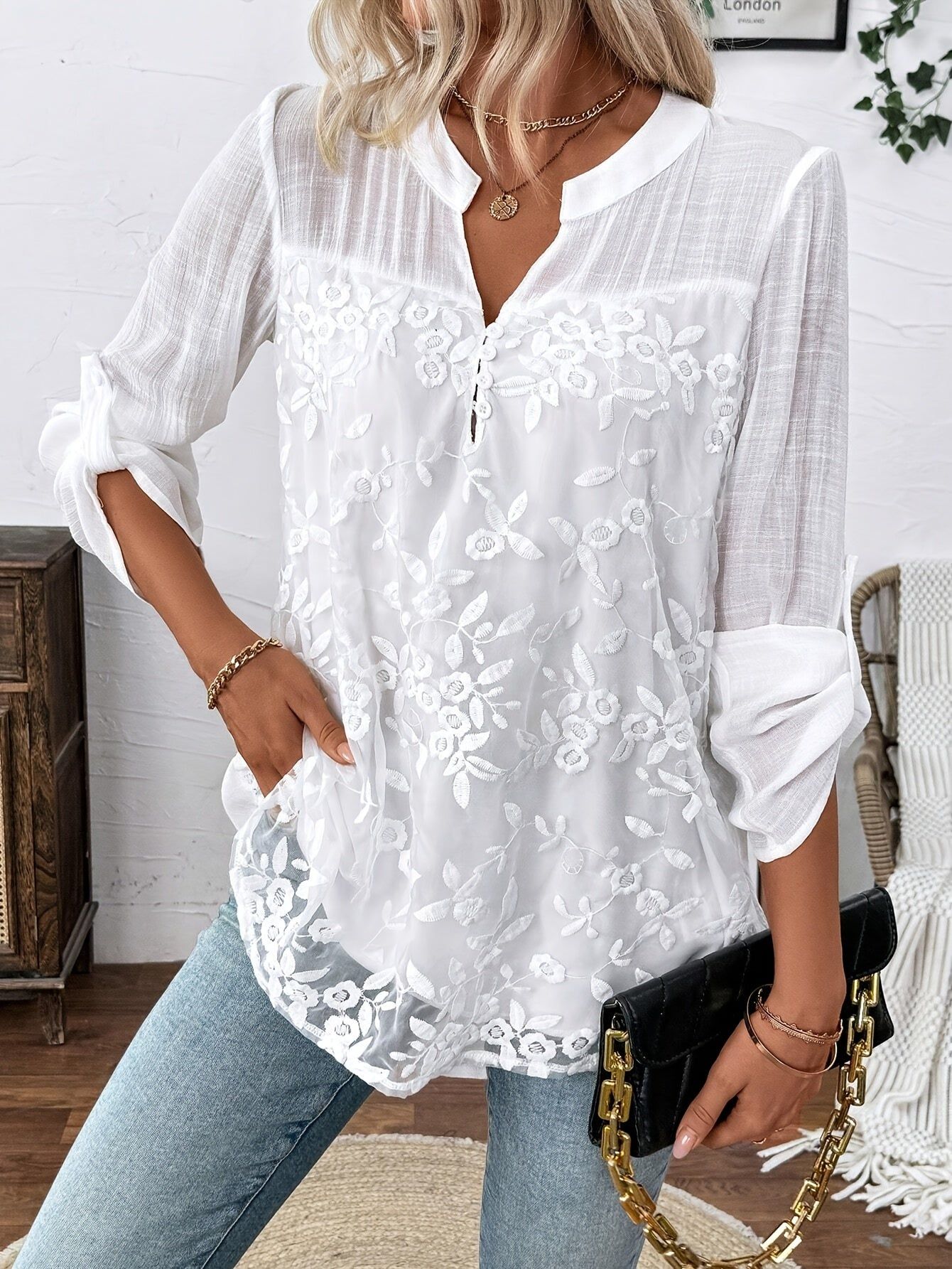 Women'S Elegant Floral Embroidered Long Sleeve Top - 100%, Lace Detail, Round Neck Design, Perfect for Spring And Autumn Wear, Casual Wear | Floral Print Top | Fabric   OAXG White / S