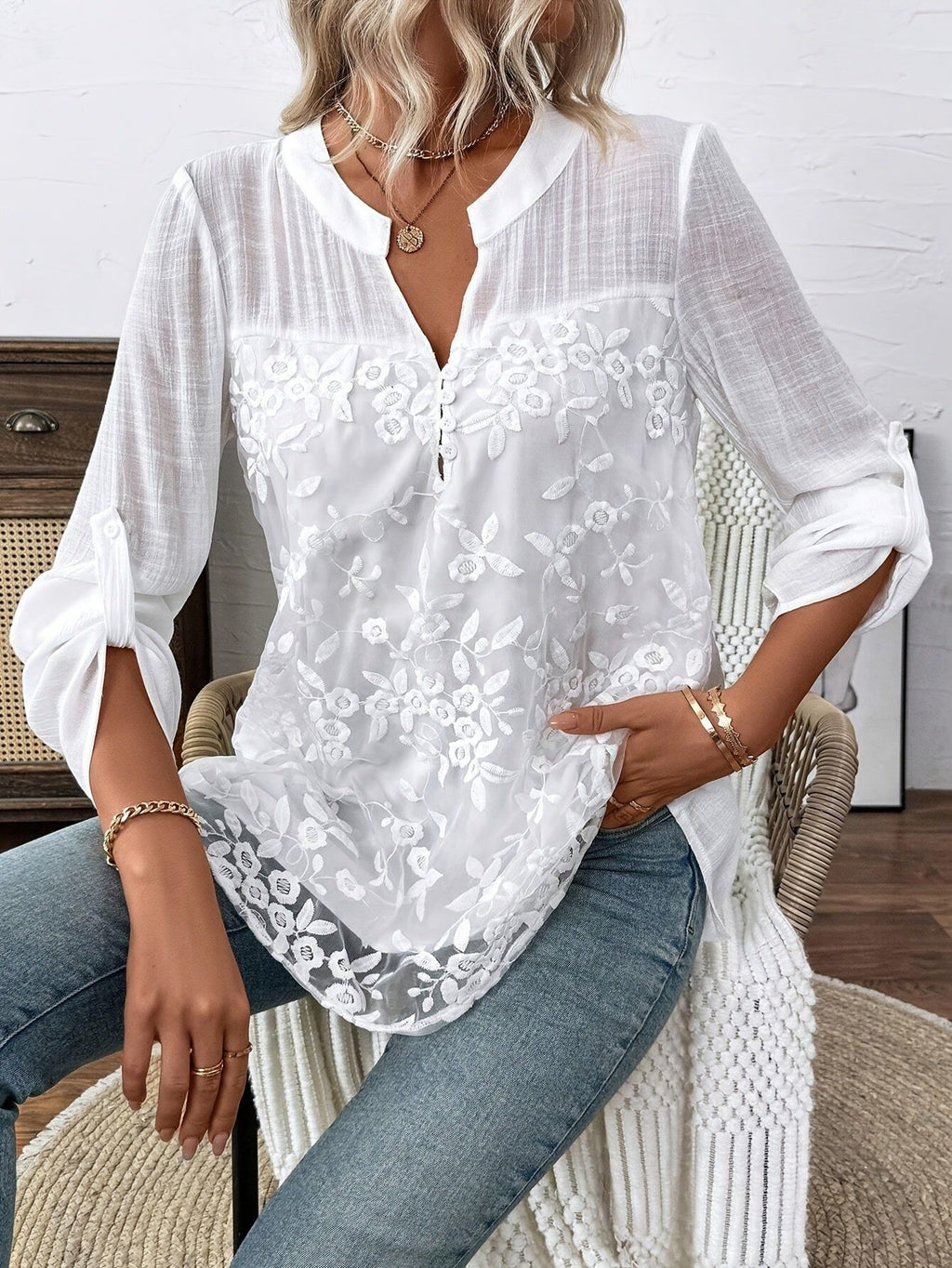Women'S Elegant Floral Embroidered Long Sleeve Top - 100%, Lace Detail, Round Neck Design, Perfect for Spring And Autumn Wear, Casual Wear | Floral Print Top | Fabric   OAXG White / S