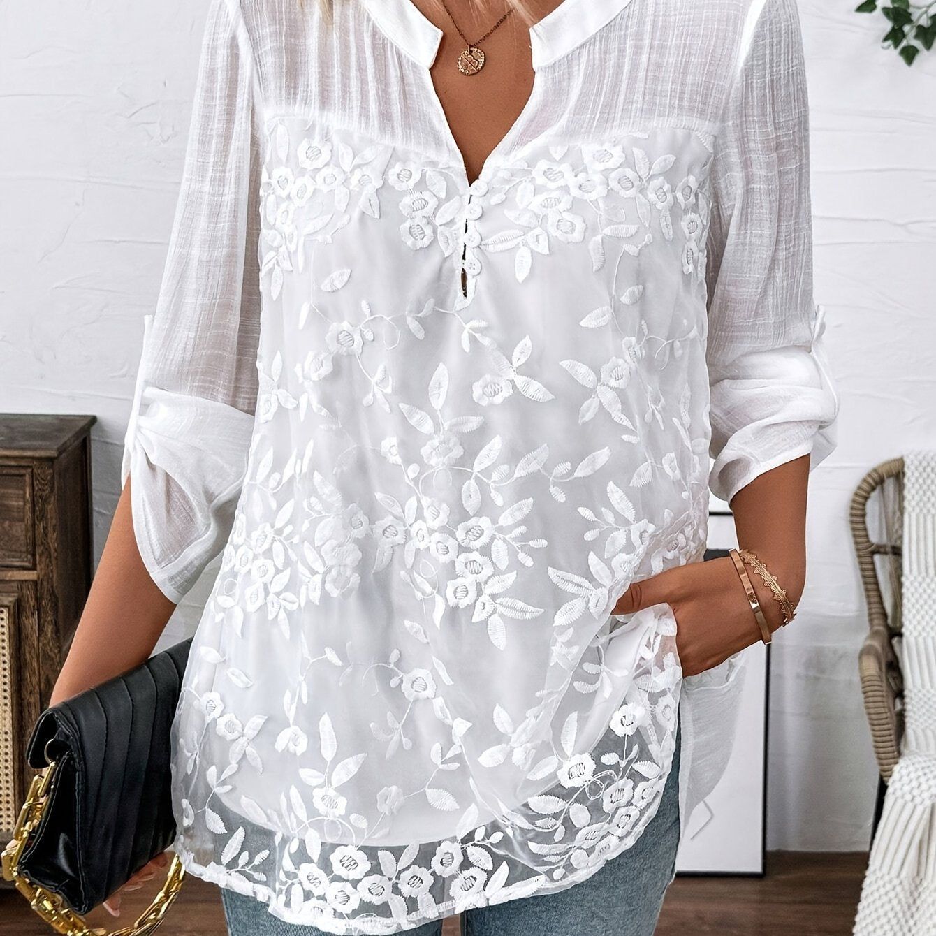 Women'S Elegant Floral Embroidered Long Sleeve Top - 100%, Lace Detail, Round Neck Design, Perfect for Spring And Autumn Wear, Casual Wear | Floral Print Top | Fabric   OAXG White / S
