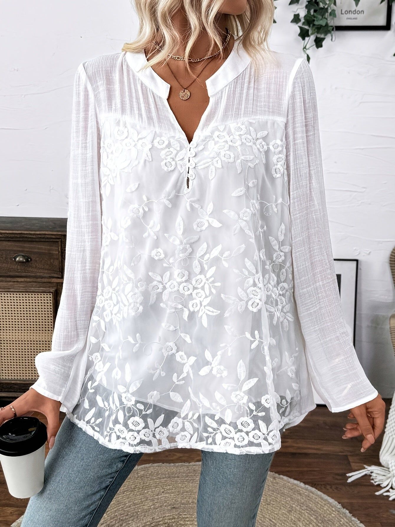Women'S Elegant Floral Embroidered Long Sleeve Top - 100%, Lace Detail, Round Neck Design, Perfect for Spring And Autumn Wear, Casual Wear | Floral Print Top | Fabric   OAXG White / S