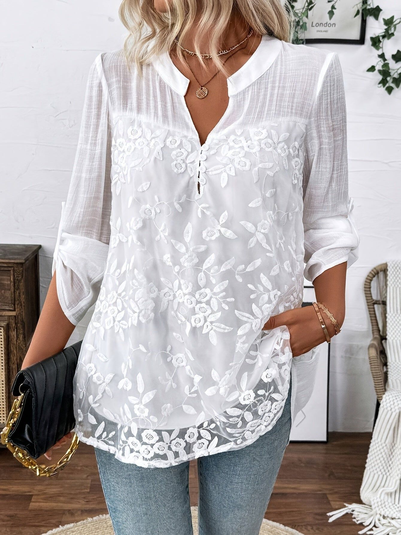 Women'S Elegant Floral Embroidered Long Sleeve Top - 100%, Lace Detail, Round Neck Design, Perfect for Spring And Autumn Wear, Casual Wear | Floral Print Top | Fabric   OAXG White / S