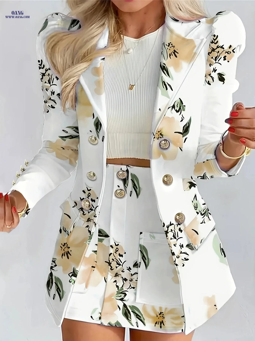 Women's Elegant Floral Print Blazer & Skirt Set - Spring/Fall Style   OAXG 