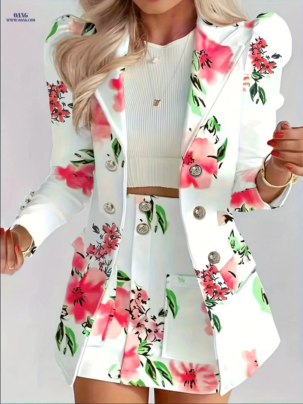 Women's Elegant Floral Print Blazer & Skirt Set - Spring/Fall Style   OAXG 