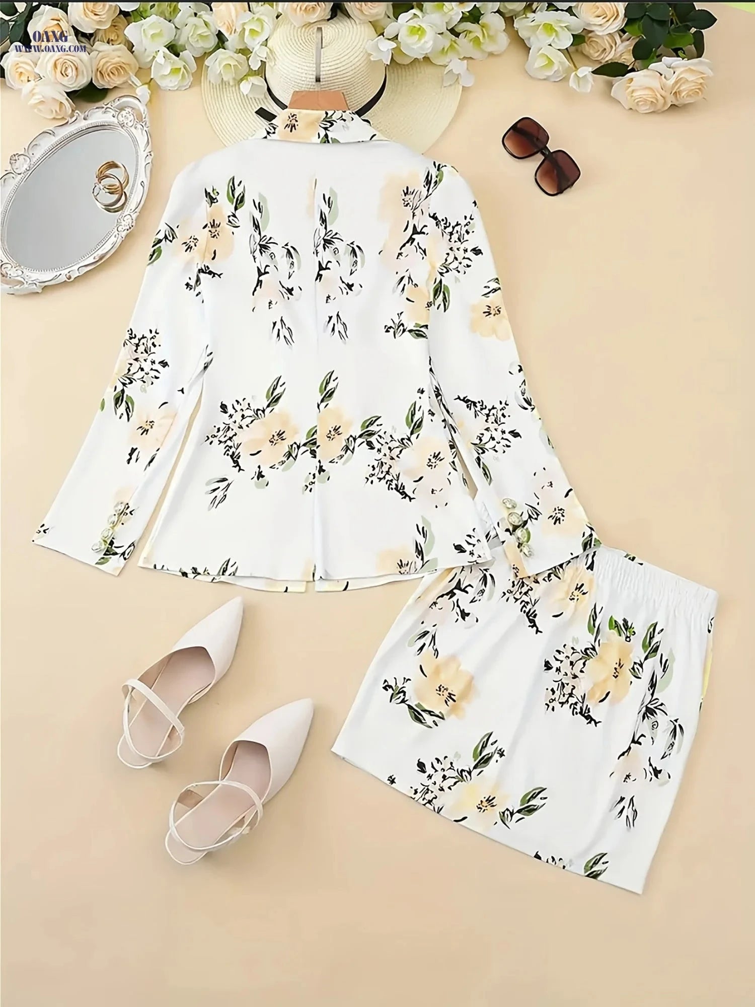 Women's Elegant Floral Print Blazer & Skirt Set - Spring/Fall Style   OAXG 