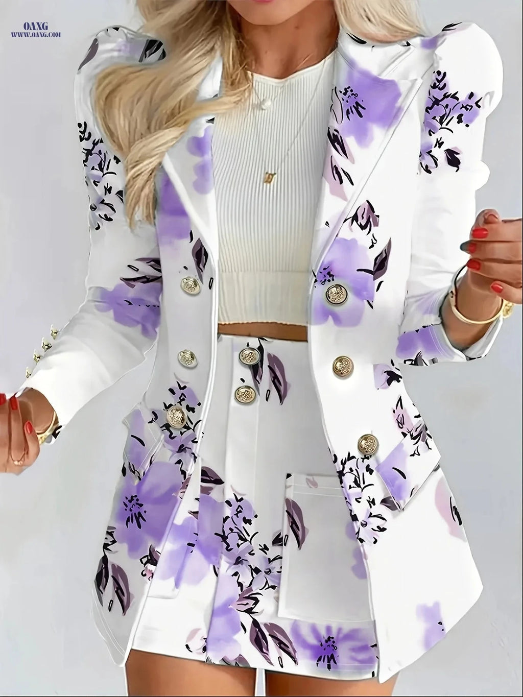 Women's Elegant Floral Print Blazer & Skirt Set - Spring/Fall Style   OAXG Red / XS