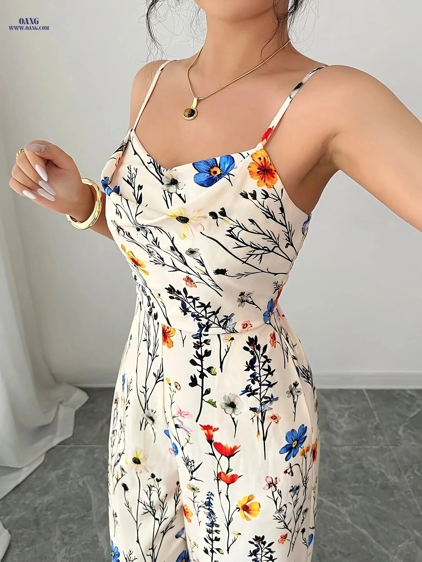 Women's Elegant Floral Print Jumpsuit - Sleeveless Maxi for Summer   OAXG 