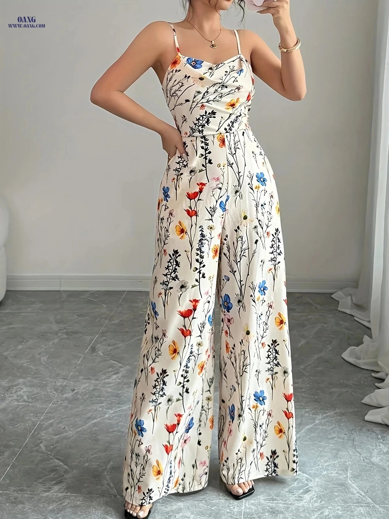 Women's Elegant Floral Print Jumpsuit - Sleeveless Maxi for Summer   OAXG 【Multicolor】 / S
