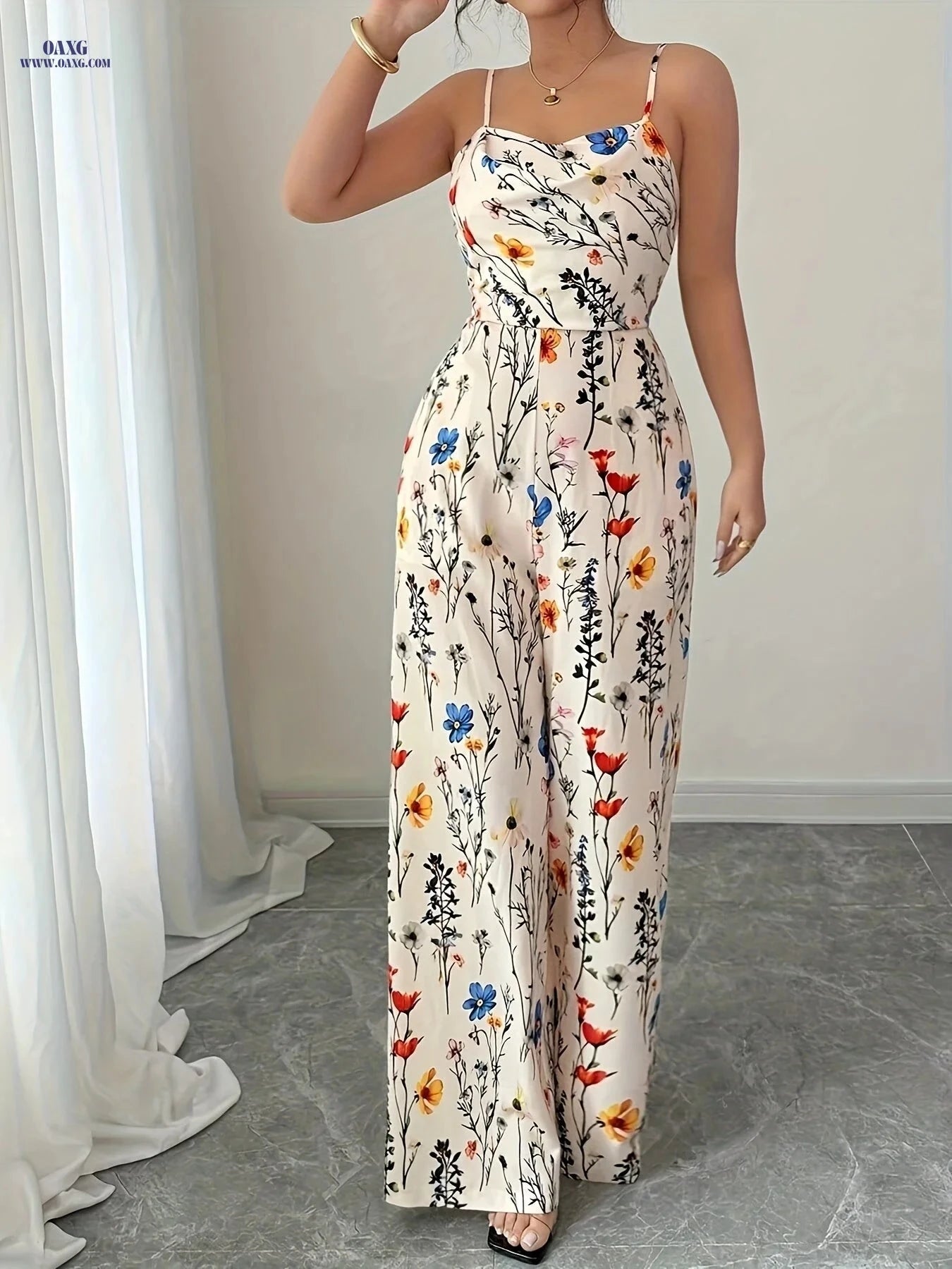 Women's Elegant Floral Print Jumpsuit - Sleeveless Maxi for Summer   OAXG 【Multicolor】 / S