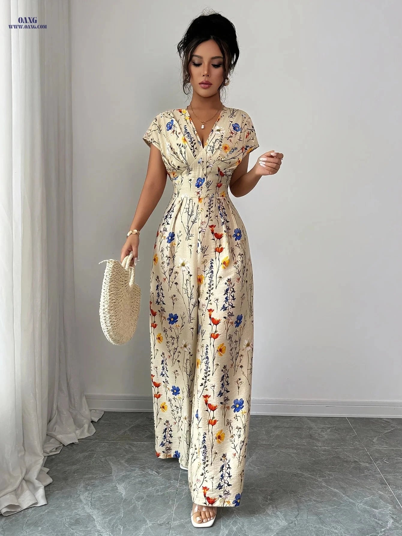 Women's Elegant Floral Print Jumpsuit - V-neck, All-Season Style   OAXG 