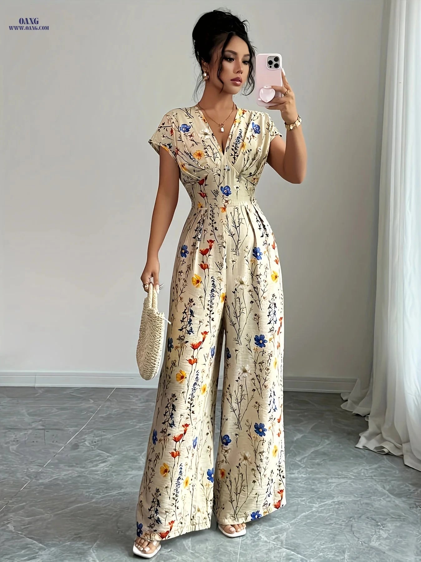 Women's Elegant Floral Print Jumpsuit - V-neck, All-Season Style   OAXG 