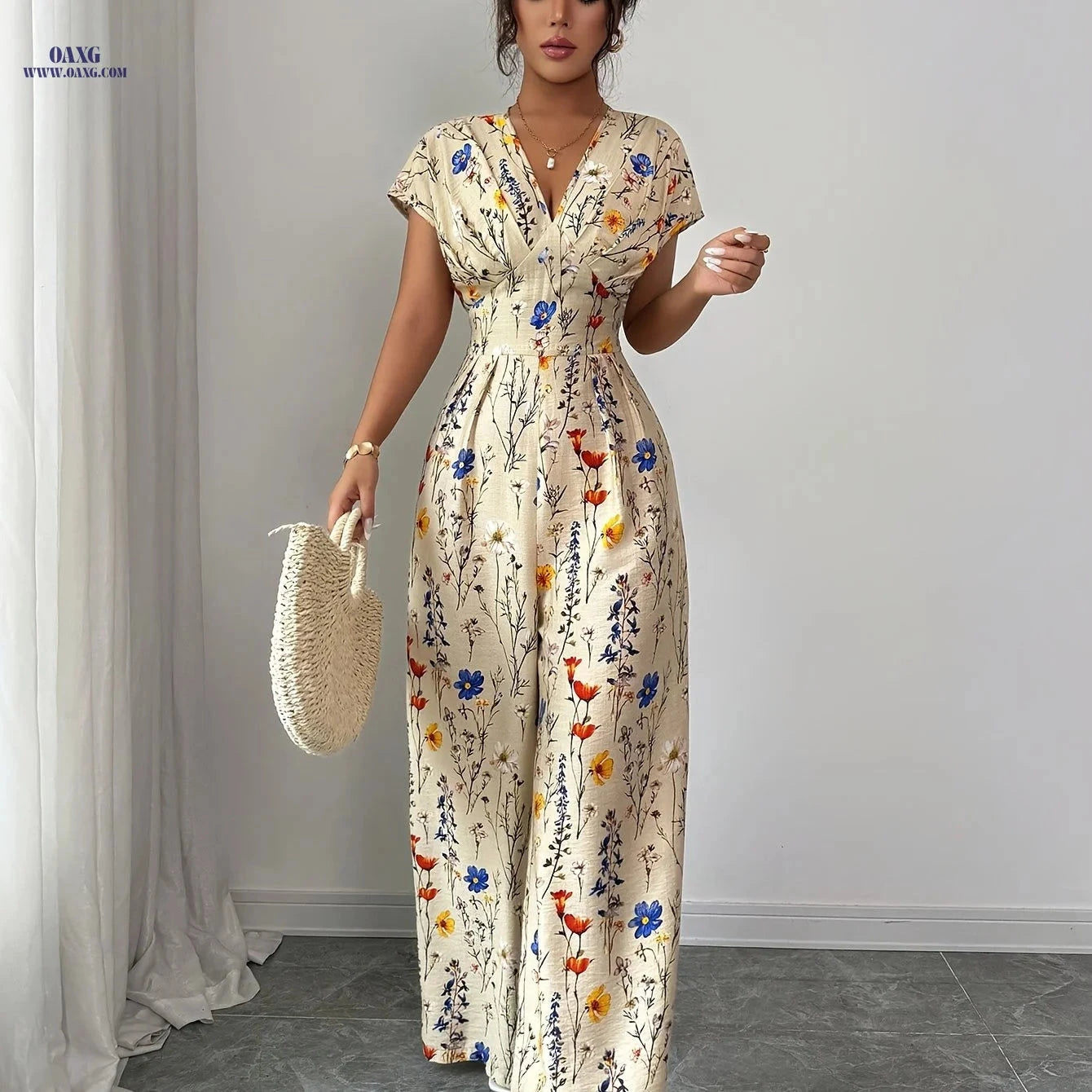 Women's Elegant Floral Print Jumpsuit - V-neck, All-Season Style   OAXG Beige / L