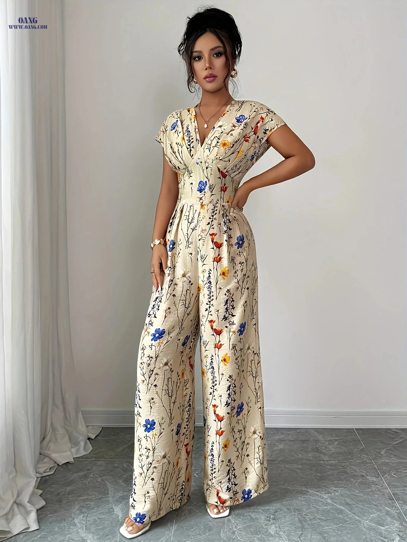 Women's Elegant Floral Print Jumpsuit - V-neck, All-Season Style   OAXG Beige / L