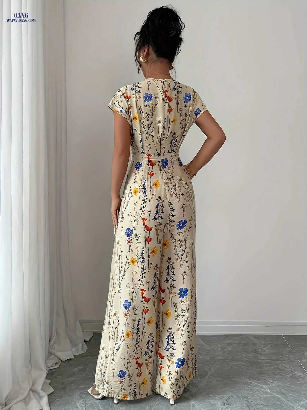 Women's Elegant Floral Print Jumpsuit - V-neck, All-Season Style   OAXG Beige / L