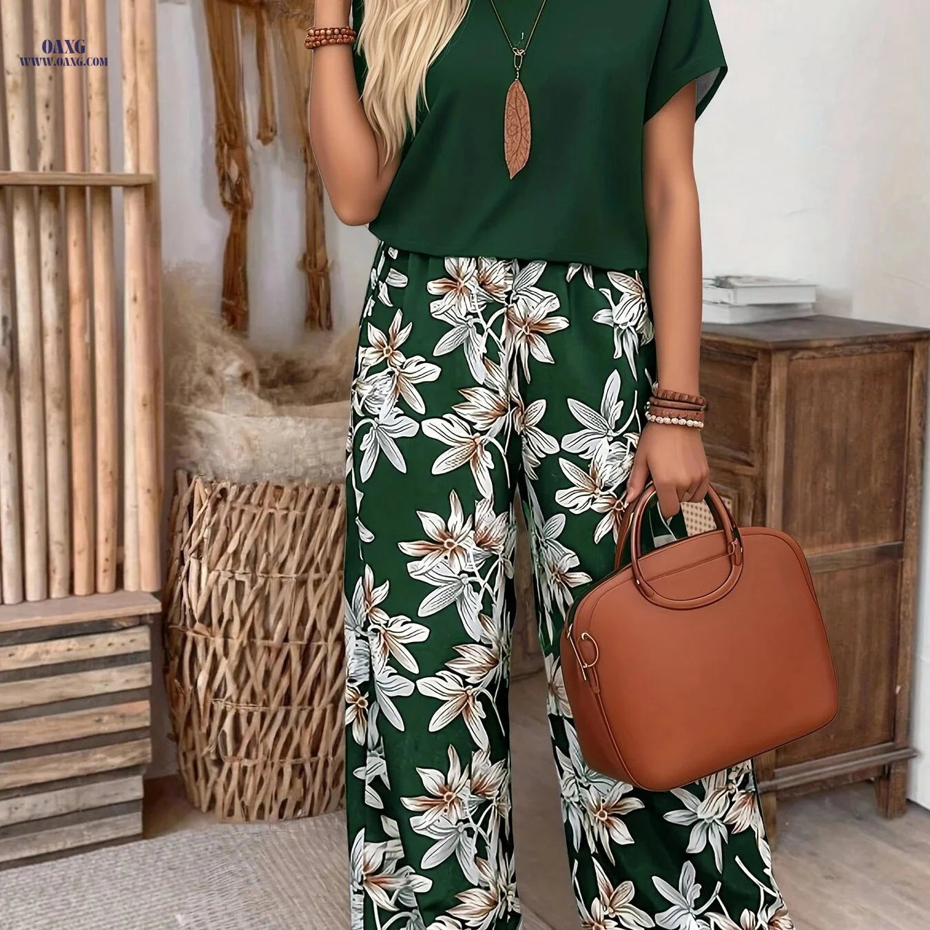 Women's Elegant Floral Print Short-Sleeve Set - 100% Polyester   OAXG 